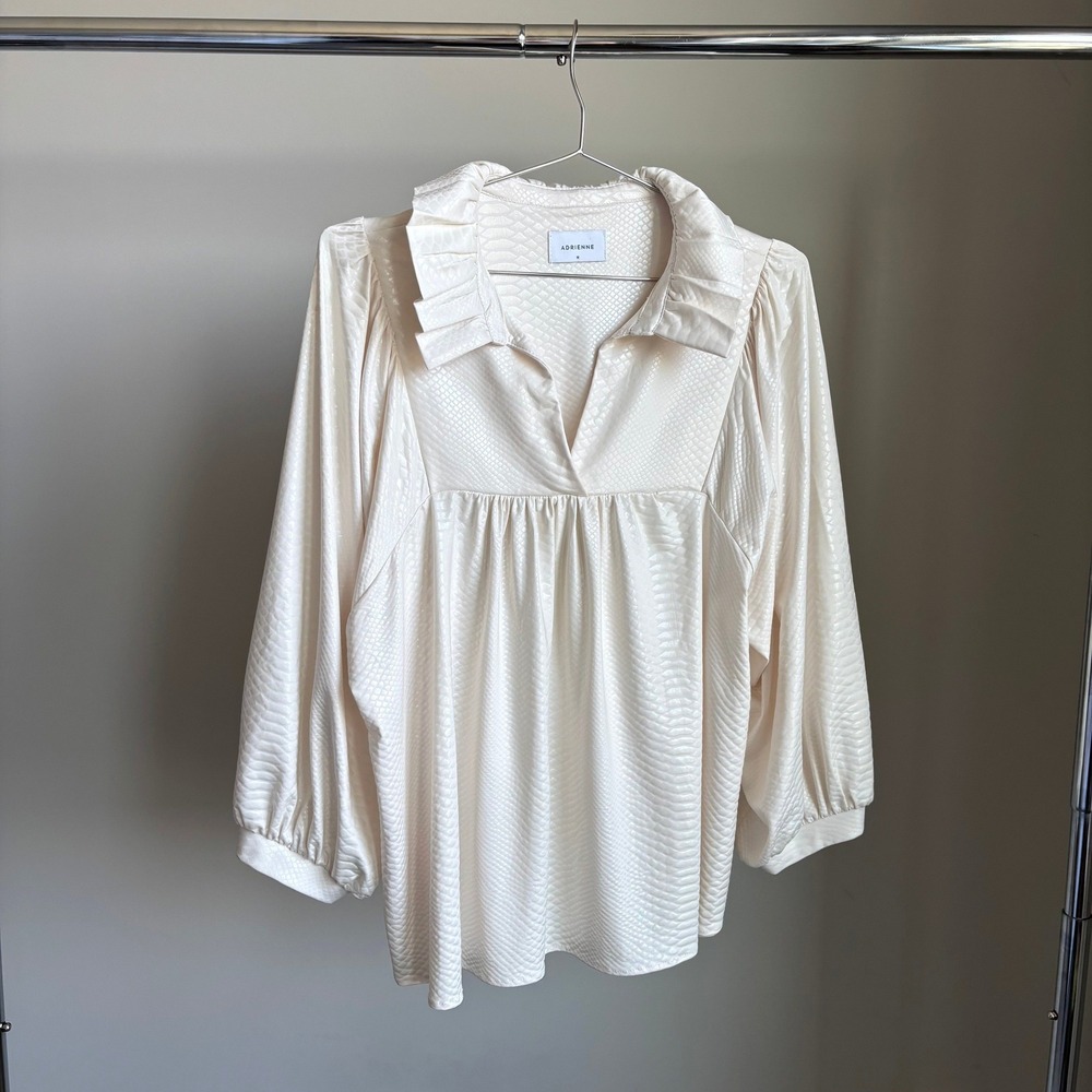Adrienne Blouse M Cream Faux Snakeskin Ruffle Babydoll Balloon Sleeve Boho